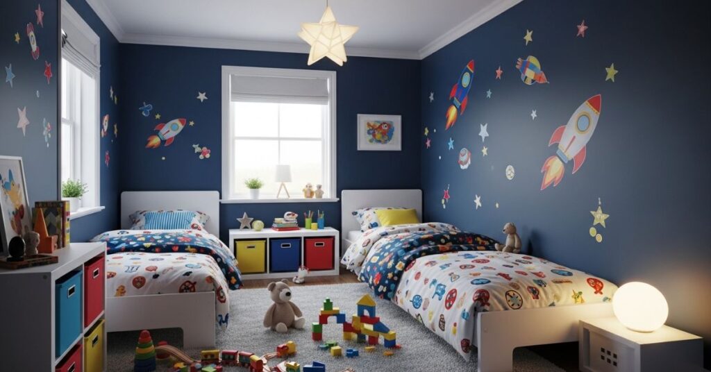 Kids’ Dark Blue Bedroom with Fun Accents