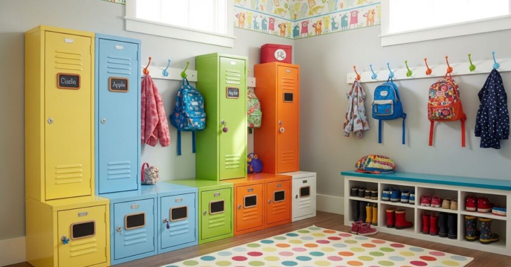 Kids-Friendly Mudroom Lockers with Low Hooks