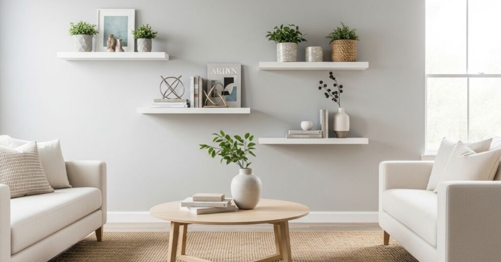 Living Room With Floating Shelves and Plants