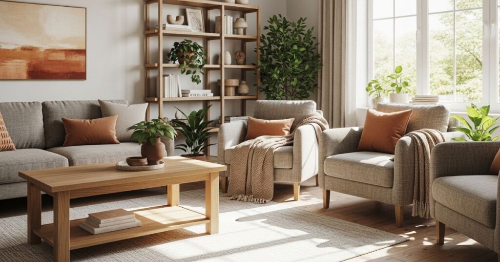 Living Room With Plants and Wooden Elements