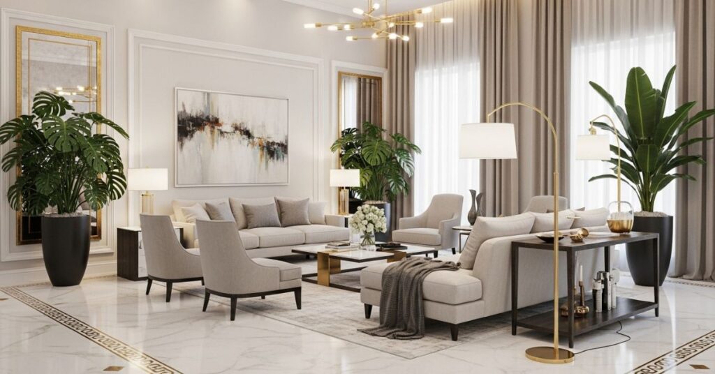 Luxury Living Room With Large Leaf Plants