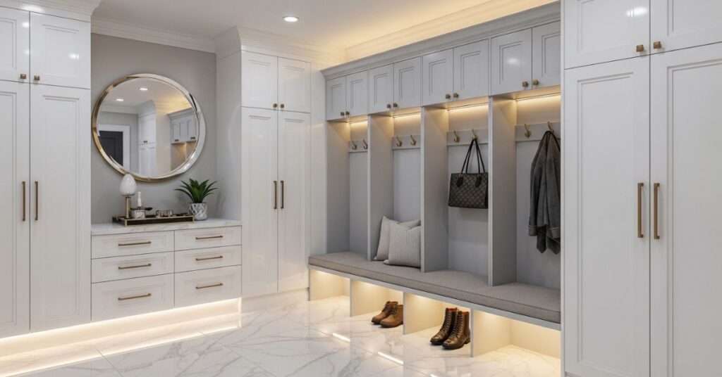Luxury Mudroom Lockers with Custom Cabinetry