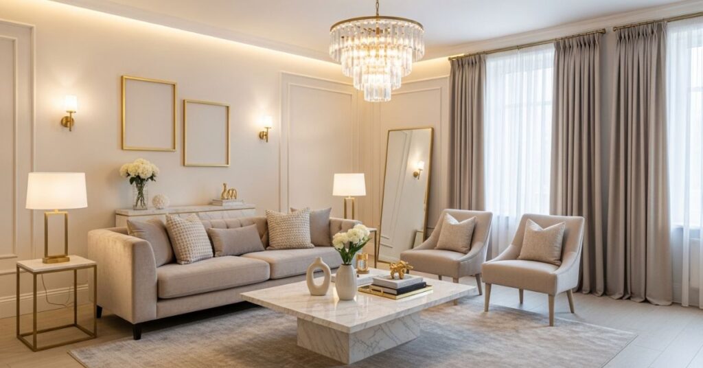 Luxury Neutral Living Room with Gold Accents