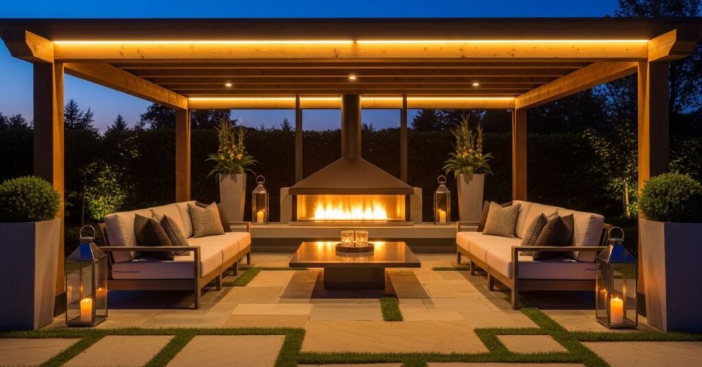 Luxury Wooden Pergola with Fireplace Seating Area