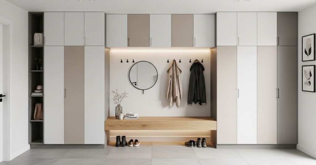 Modern Minimalist Mudroom Lockers in Neutral Tones