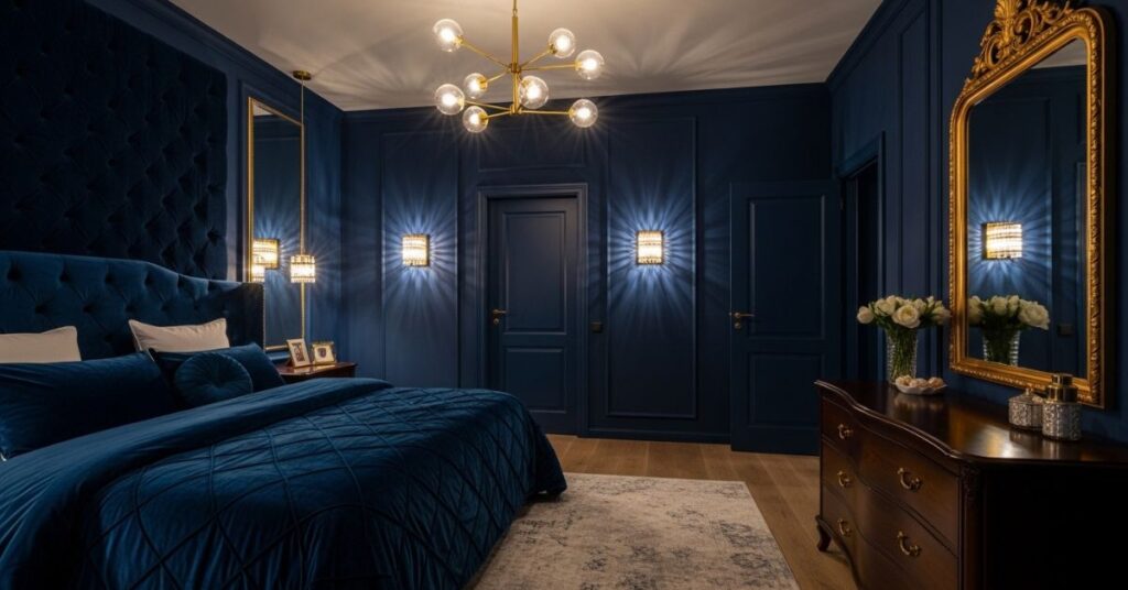 . Dark Blue and Grey Minimalist Bedroom