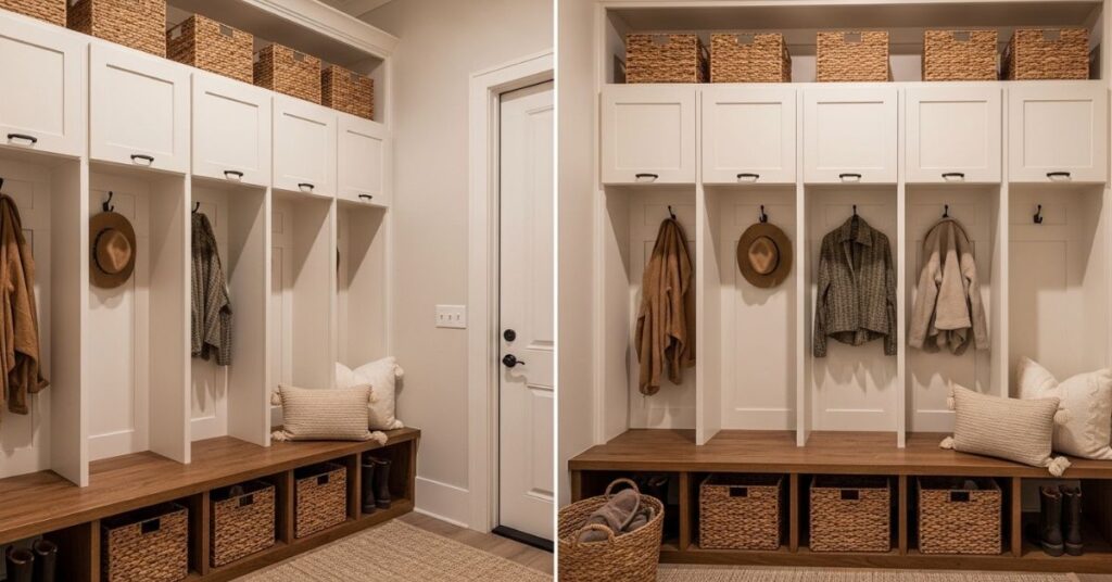 Mudroom Lockers with Woven Basket Storage