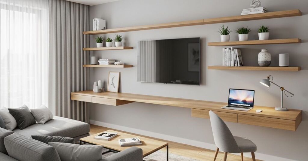 Multi-Functional TV Wall with Workspace Combo