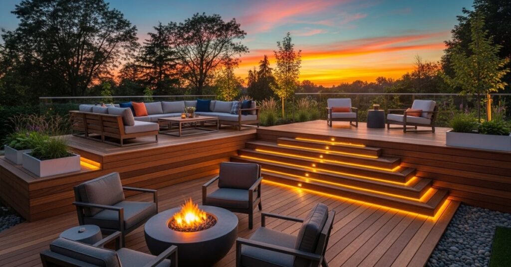 Multi Level Deck Fire Pit Lounge Design
