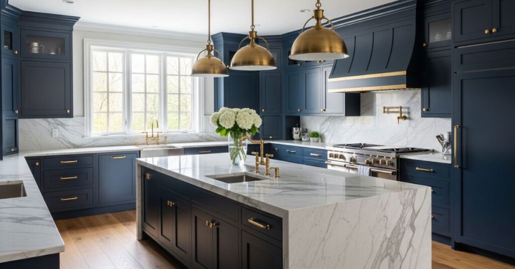 Navy Blue Cabinets with White Marble Countertops