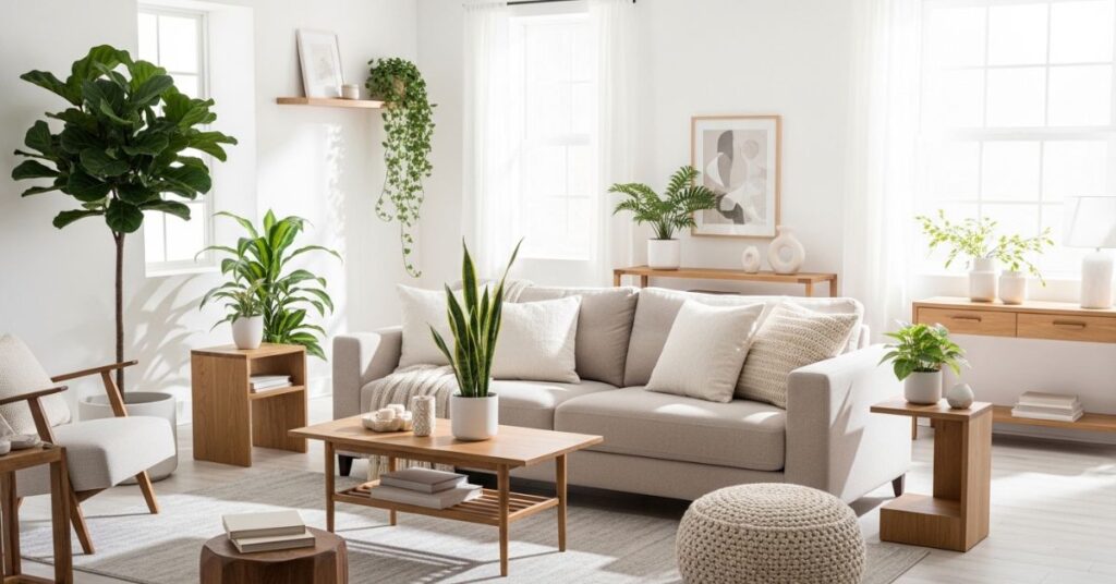 Neutral Living Room With Green Plant Accents