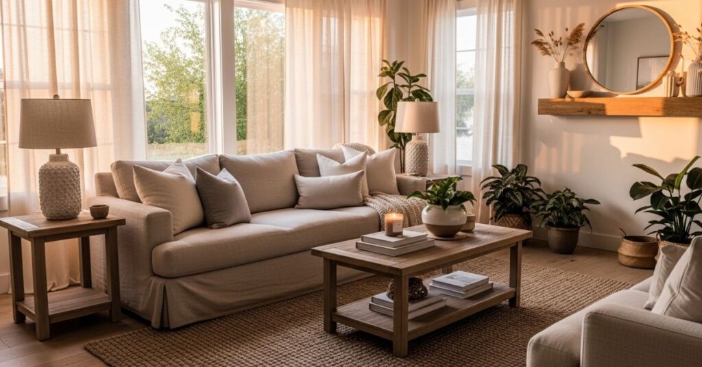 Neutral Living Room with Wooden Accents and Warm Decor