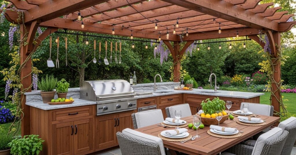 Outdoor Kitchen Wooden Pergola for BBQ and Cooking Area