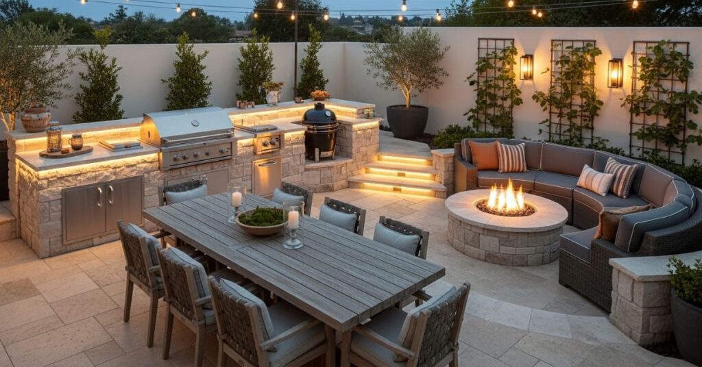 Outdoor Kitchen with Fire Pit Lounge Combo