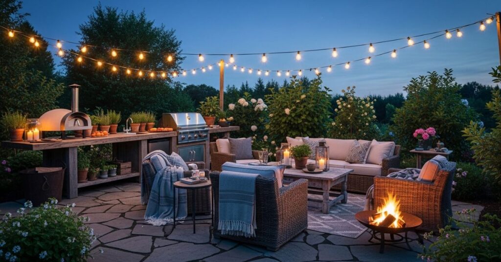 Outdoor Kitchen with String Lights