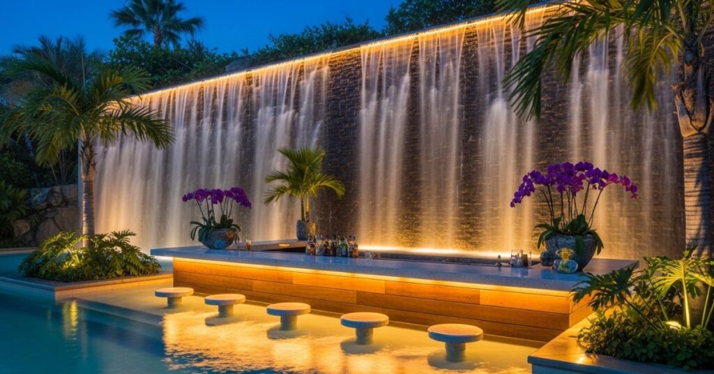Pool Bar with Waterfall Backdrop