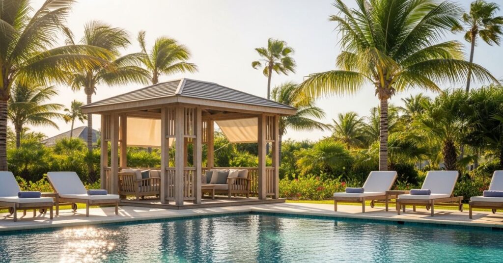 Poolside Wooden Gazebo Retreat Design