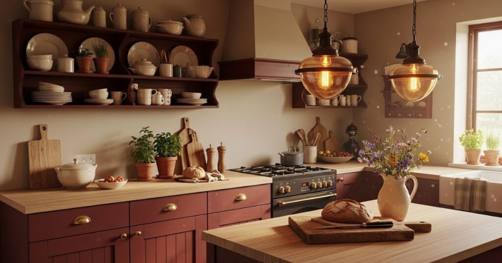 Rich Burgundy and Light Wood Combination