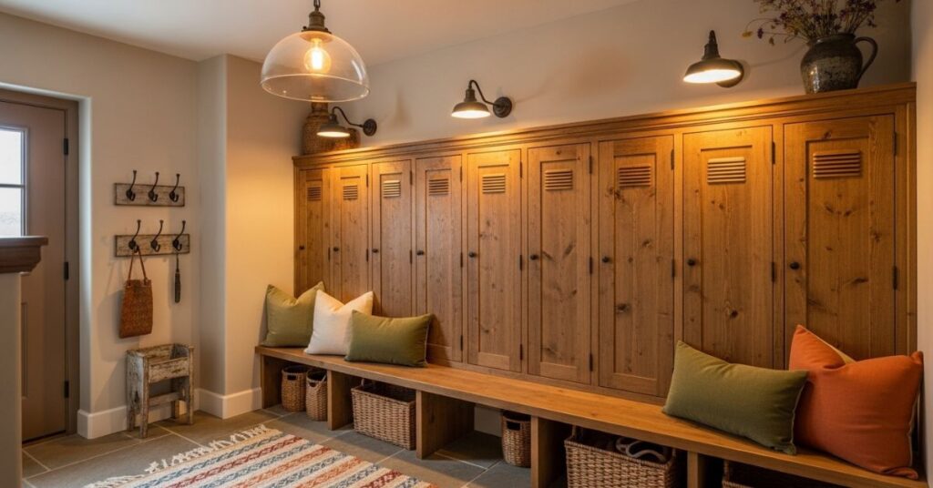 Rustic Mudroom Lockers with Metal Hooks