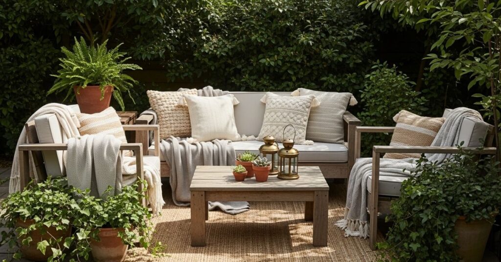 Rustic Wooden Seating with Blankets