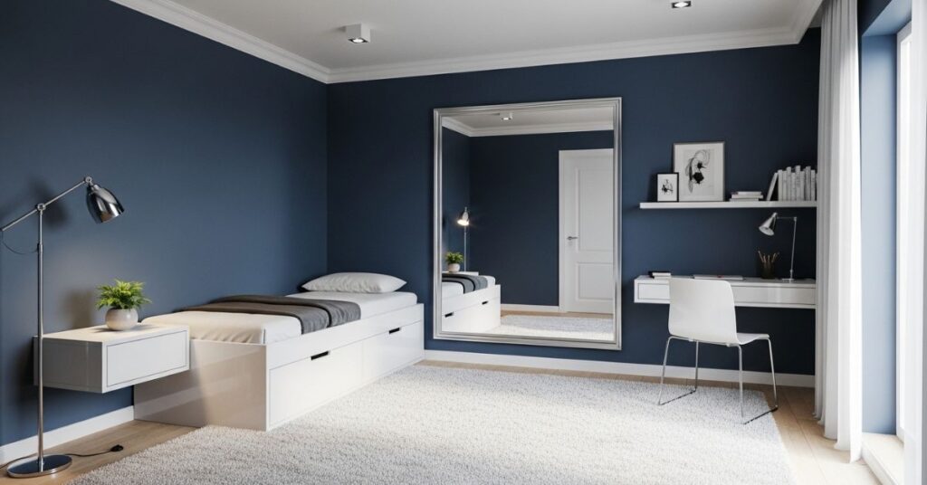 Small Dark Blue Bedroom with Mirrors