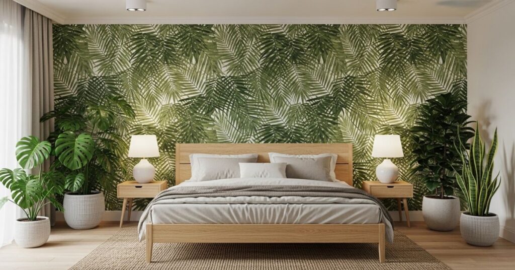 Tropical Bedroom Ideas with Palm Leaf Wallpaper