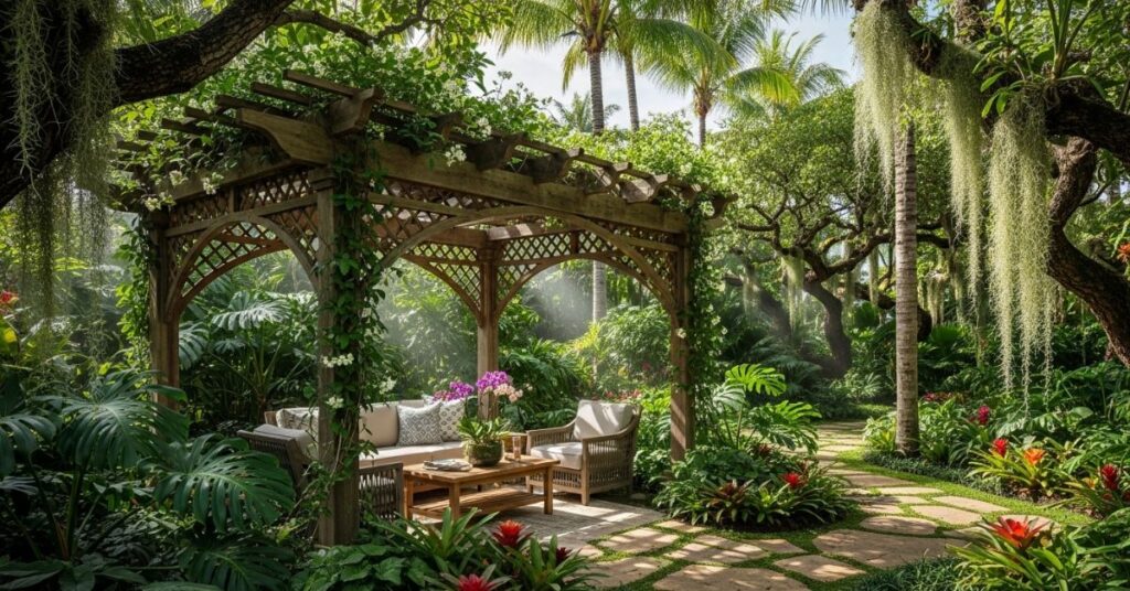 Tropical Garden Wooden Pergola with Lush Green Surroundings