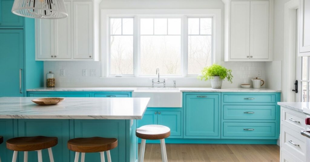Turquoise Cabinets with White Walls