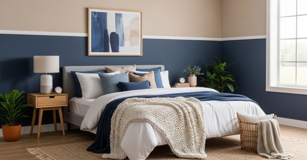 Two-Tone Dark Blue and Beige Bedroom