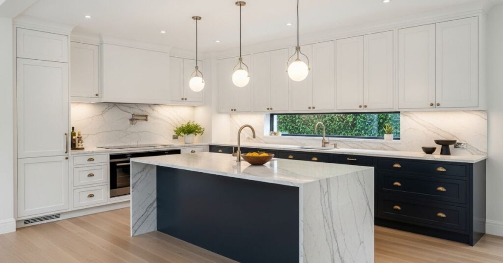 Two-Tone Kitchen: Upper Cabinets White, Lower Cabinets Dark Blue