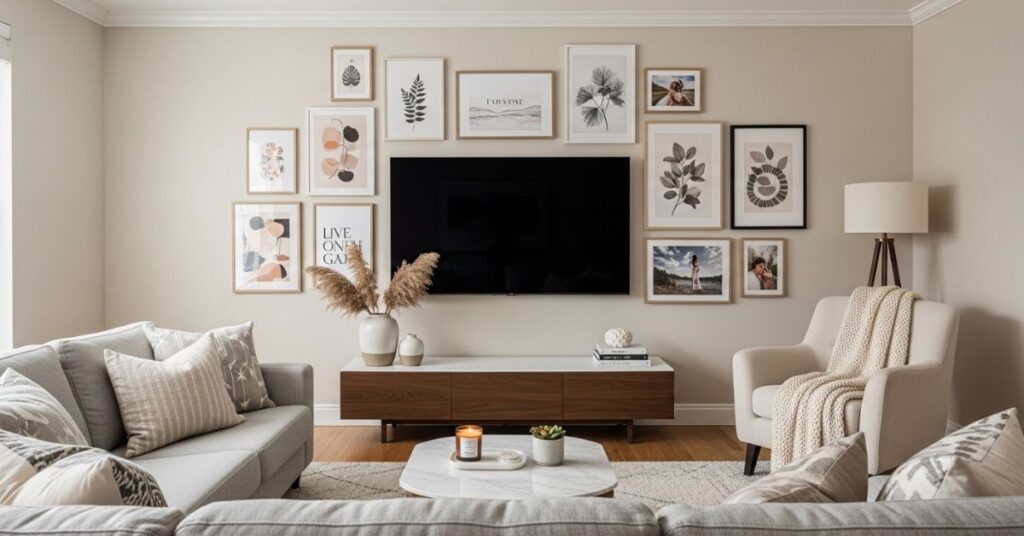 Wall-Mounted TV with Gallery Frames