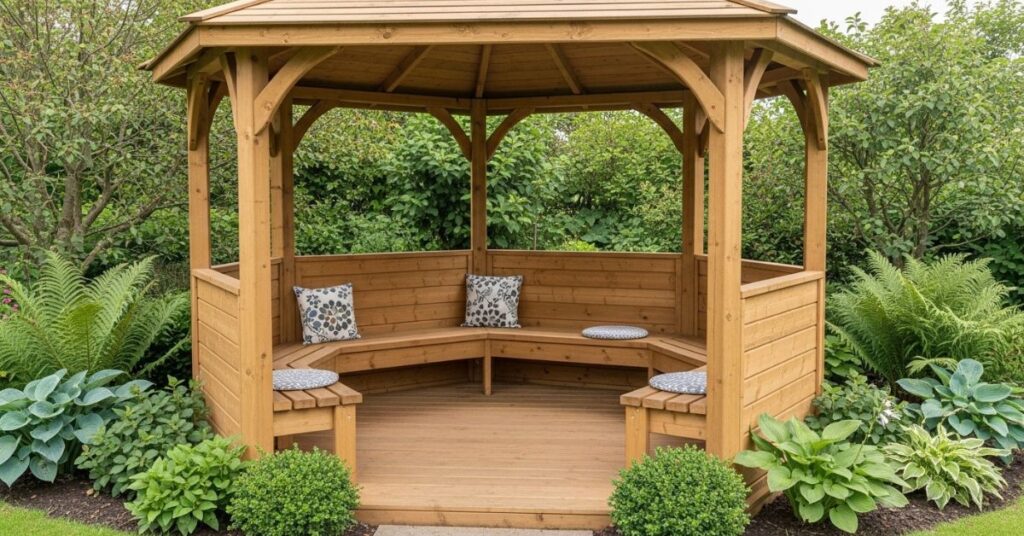 Wooden Gazebo with Built-in Seating Benches