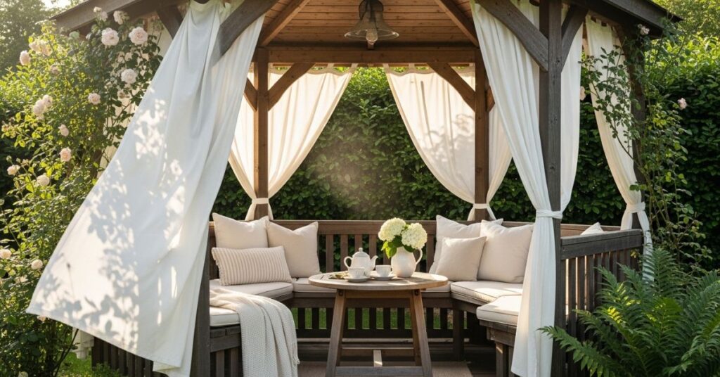 Wooden Gazebo with Curtains for Privacy