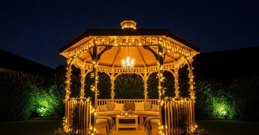 Wooden Gazebo with Fairy Lights Decoration
