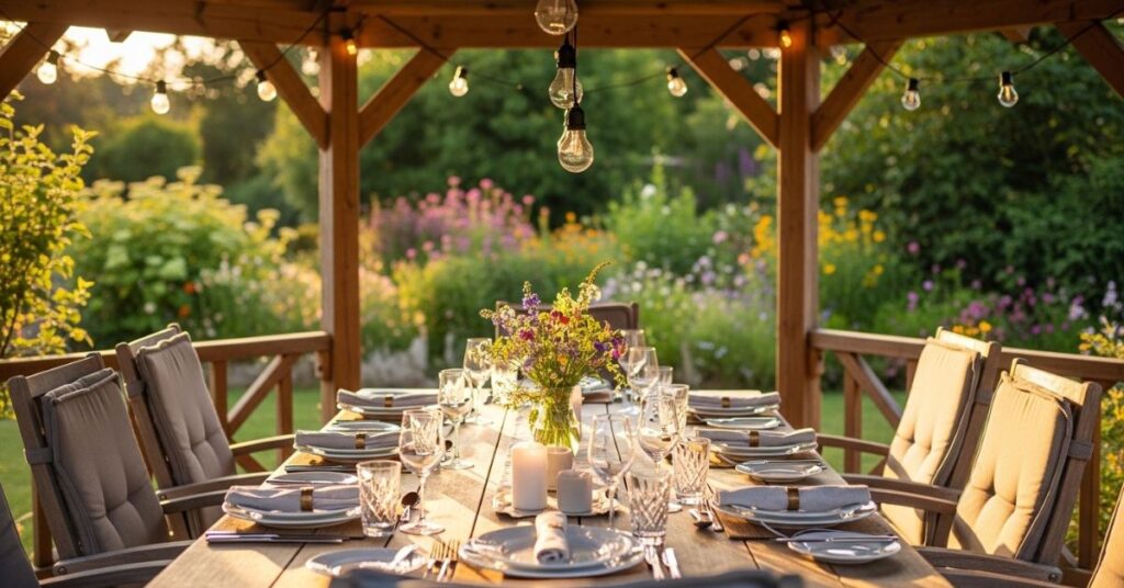 Wooden Gazebo with Outdoor Dining Setup