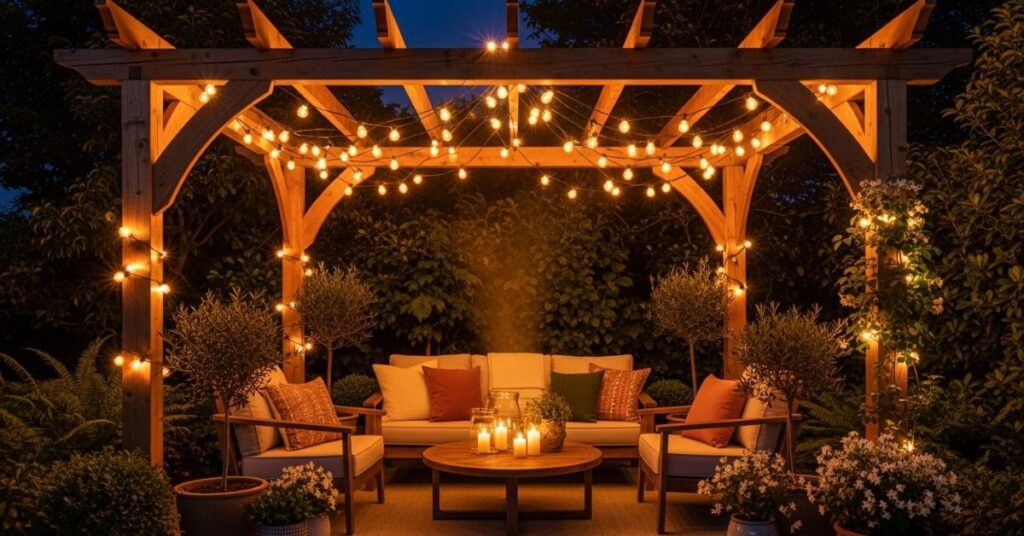 Wooden Pergola with Hanging String Lights for Evening Glow