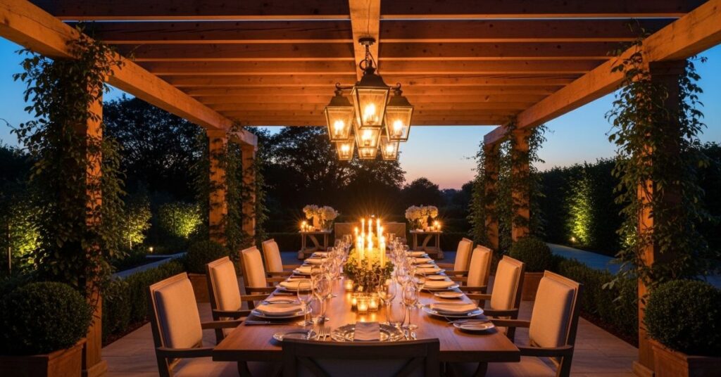 Wooden Pergola with Outdoor Dining Table Setup