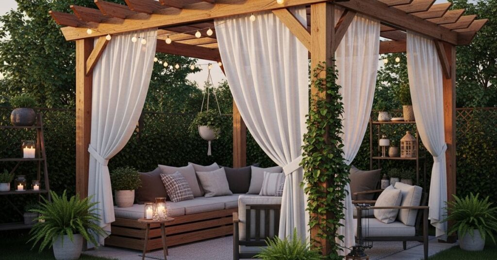 Wooden Pergola with Privacy Curtains for Cozy Outdoor Space