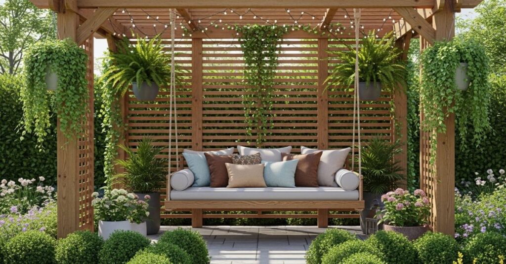 Wooden Pergola with Swing Seating for Relaxation Corner