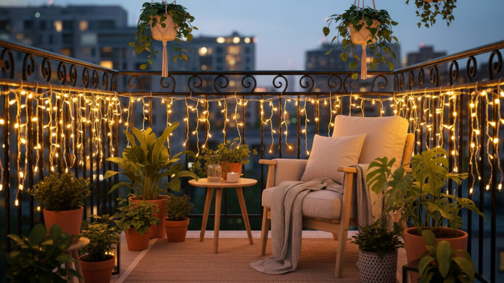 Balcony String Lights Arrangement for Small and Stylish Spaces