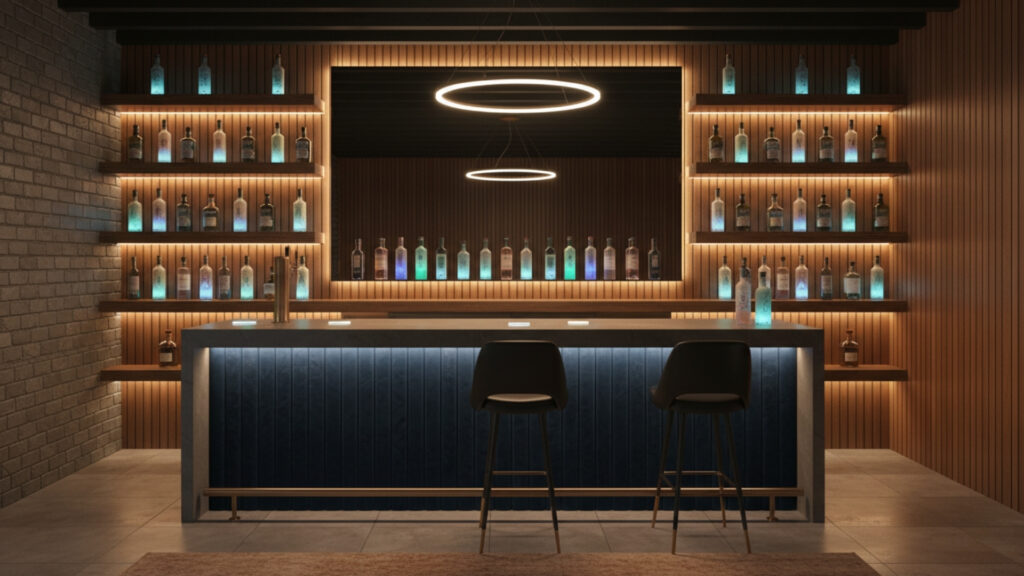 basement bar floating shelf lighting ideas for modern display effect