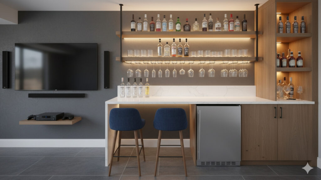 basement bar mini fridge setup ideas for convenient drink storage