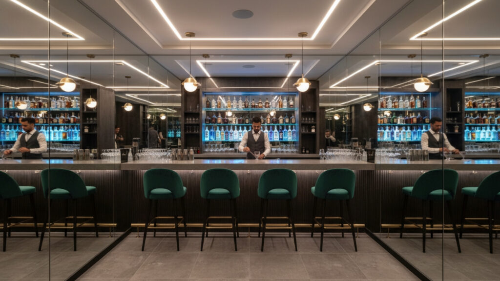 basement bar mirror wall ideas for spacious and elegant look