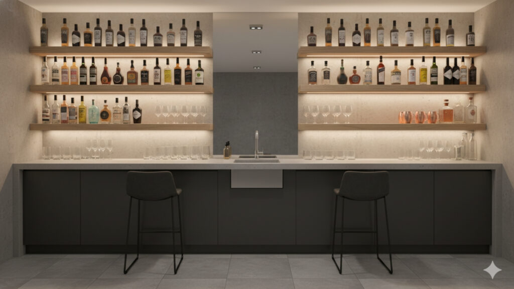 basement bar shelving ideas for organized bottle and glass storage