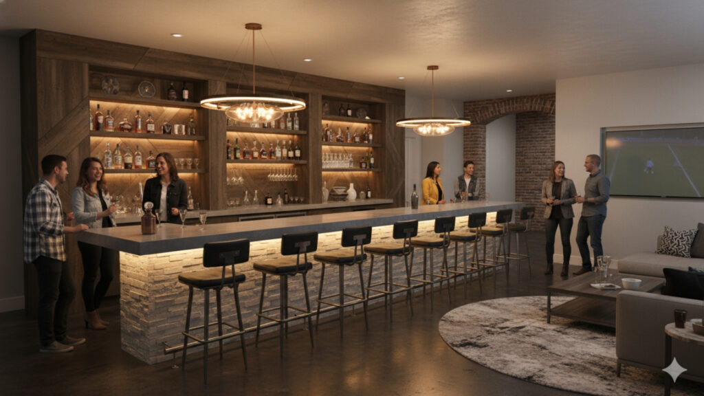 basement bar with seating counter ideas for social gathering space
