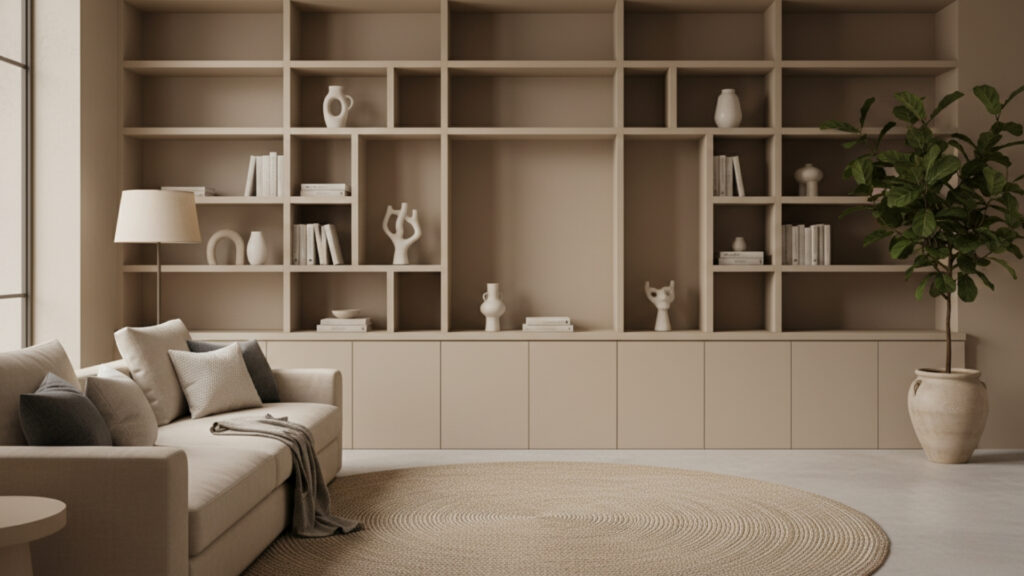 beige living room with built in storage for clean organized space