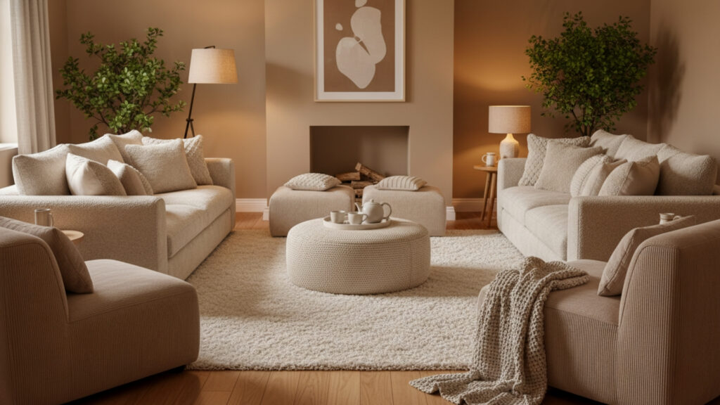 Beige Living Room with Cozy Seating for Relaxed Comfort Feel