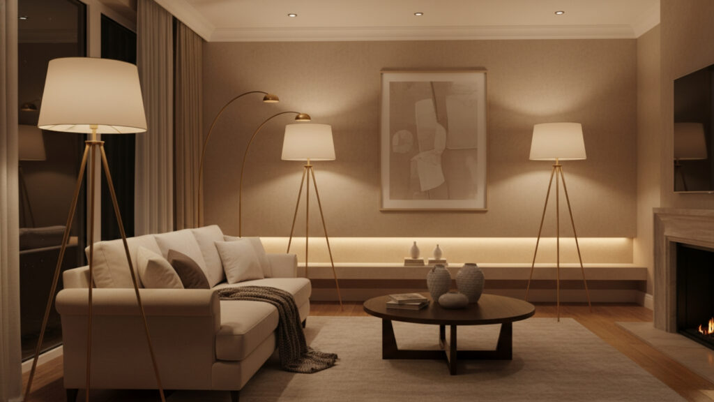 Beige Living Room with Floor Lamps for Warm Ambient Lighting