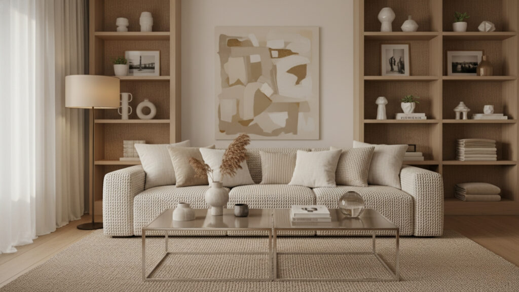 Beige Living Room with Glass Elements for Light and Airy Feel