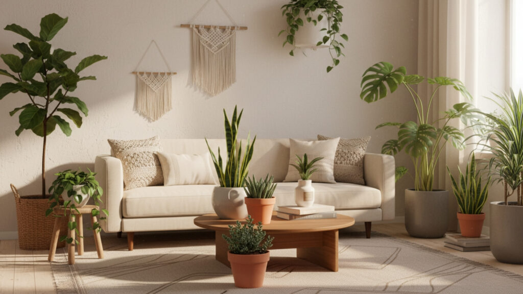 Beige Living Room with Greenery for Fresh and Natural Vibe